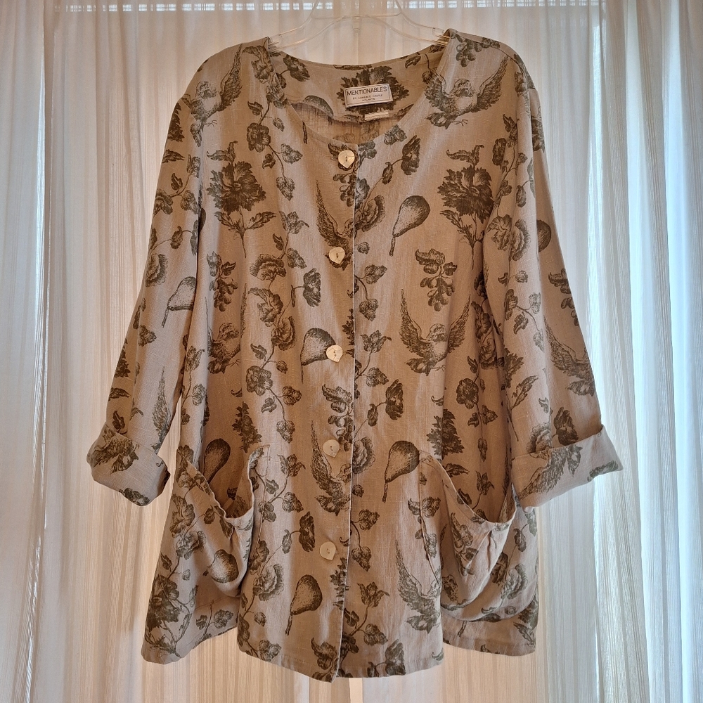 Linen Smock Jacket Candace Castle Atlanta "Mentionables" Olive Green Print🍐